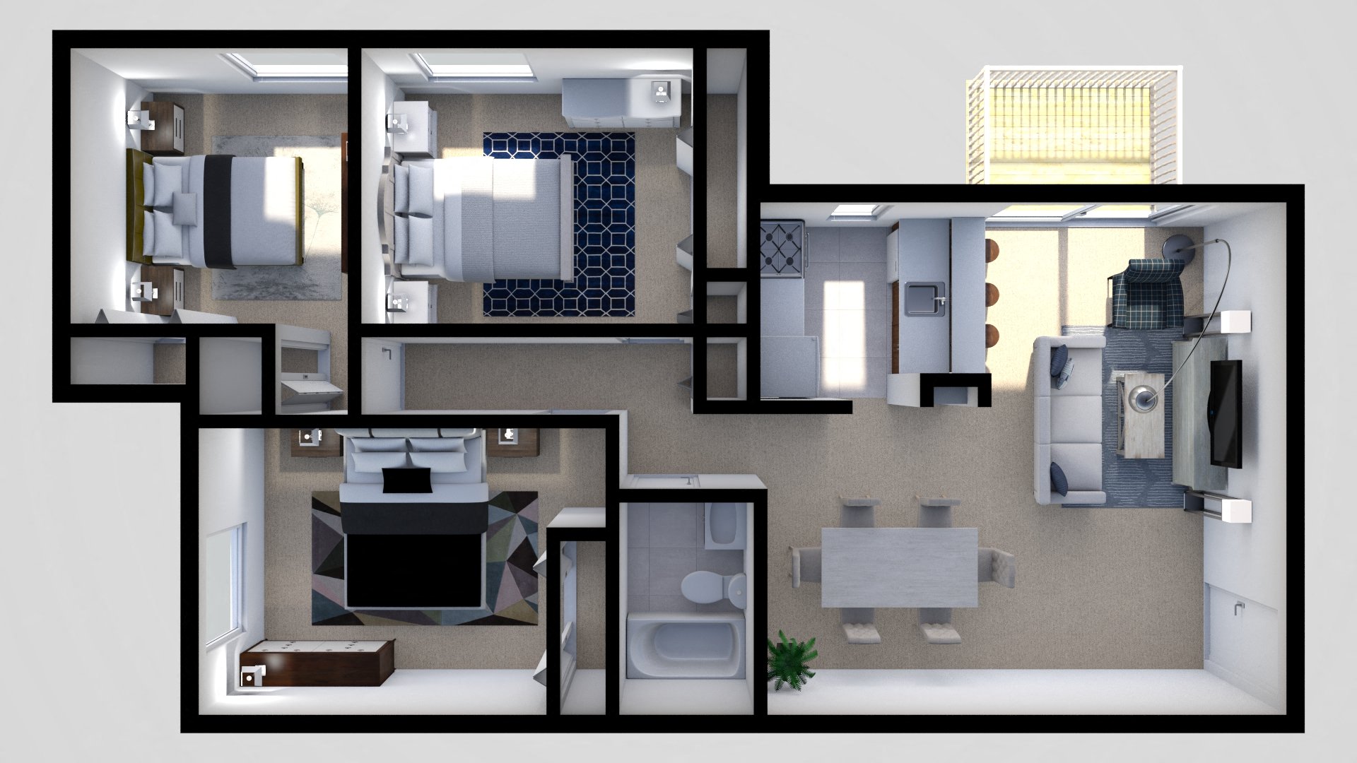 Floor plan for 3 beds, 1 bath, 1015 sqft
